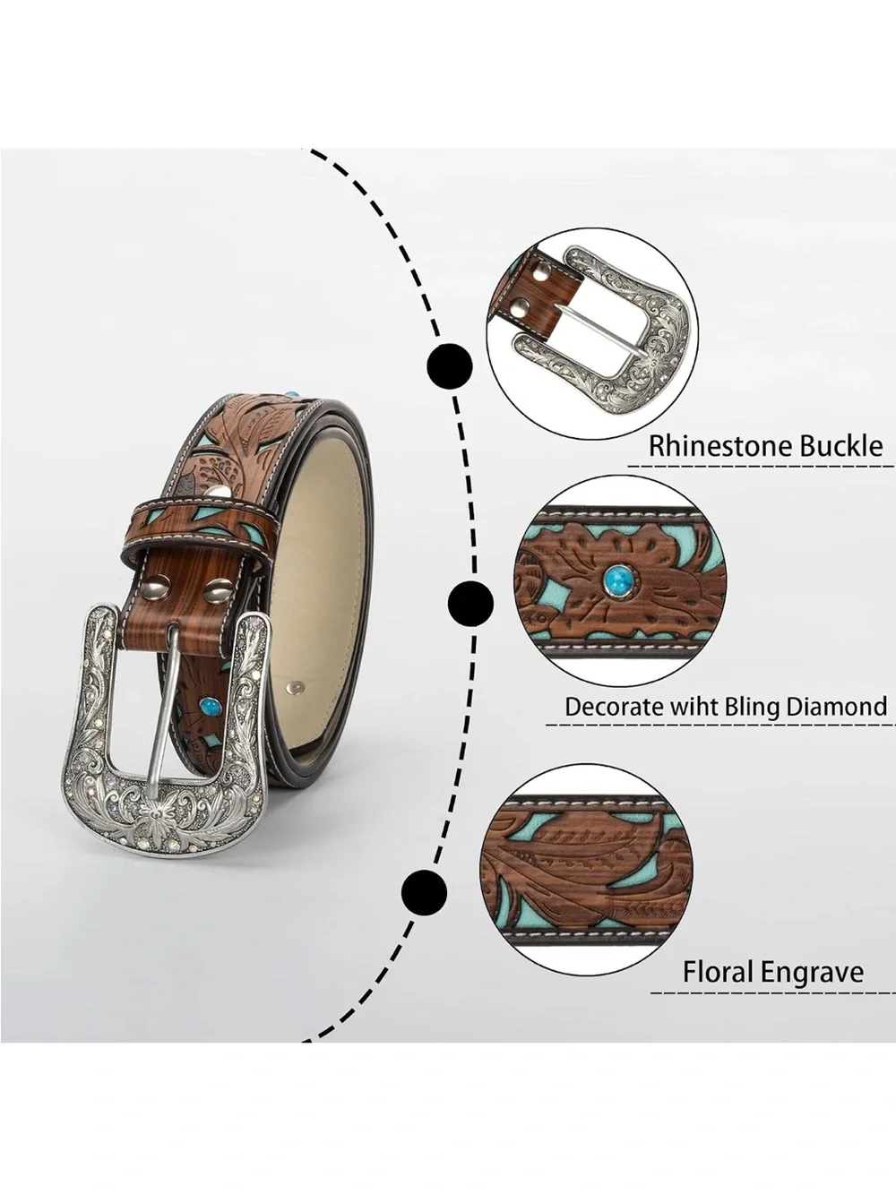 Tooled Brown Leather Belt with Turquoise Inlay